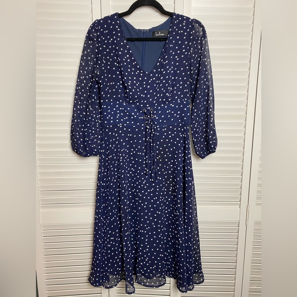 Lulu’s Elicia Navy Blue Polka Dot Long Sleeve Midi Dress - Size S - Picture 5 of 7